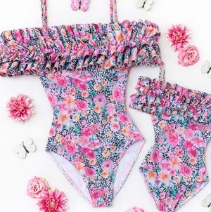 Mia Bella Women’s Medium Floral One-Piece Swimsuit NWT | Ruffle Off-Shoulder